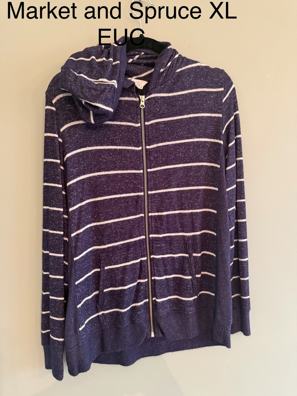 Navy and White striped zip-up hoodie sweater